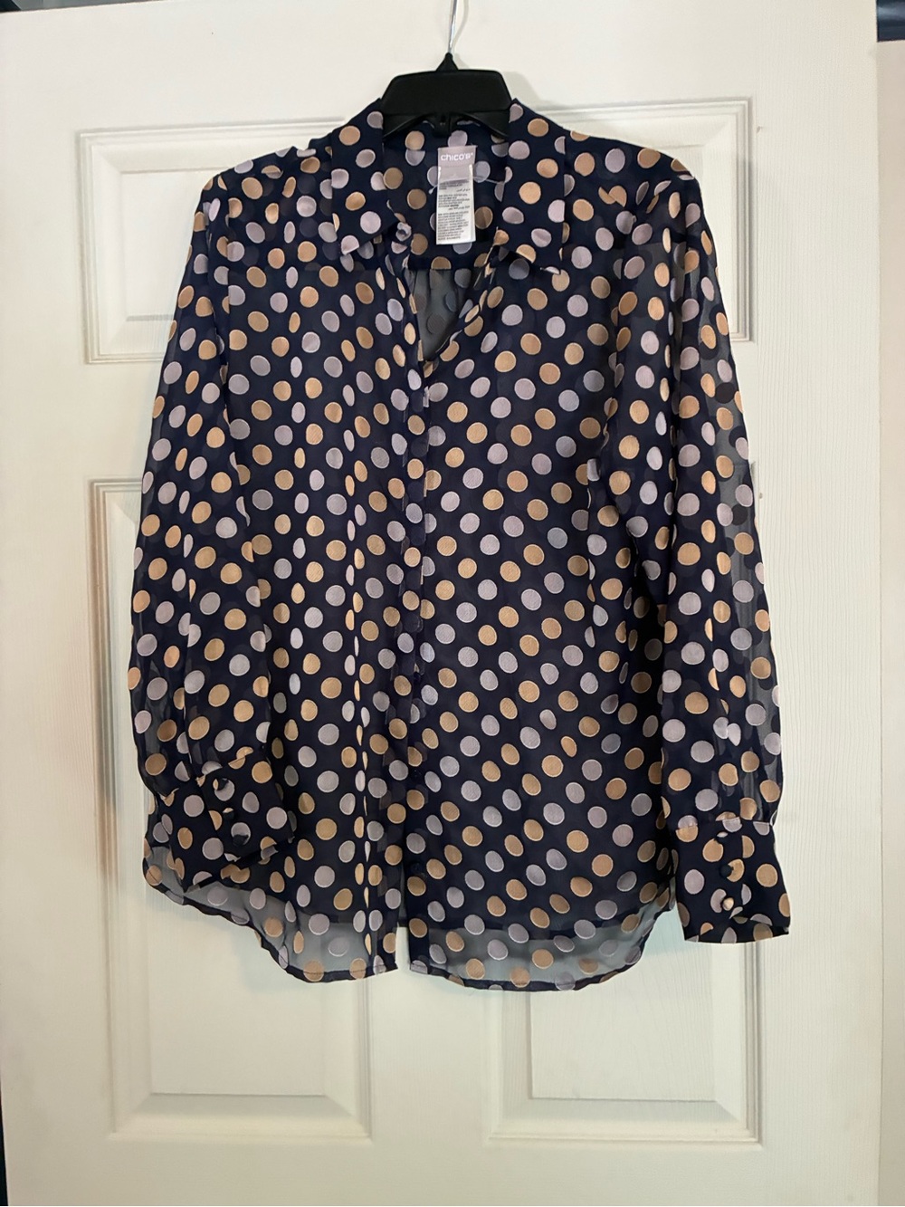 Chico's Sheer Black Blouse with Cream and Silver Polka Dots. Long sleeves